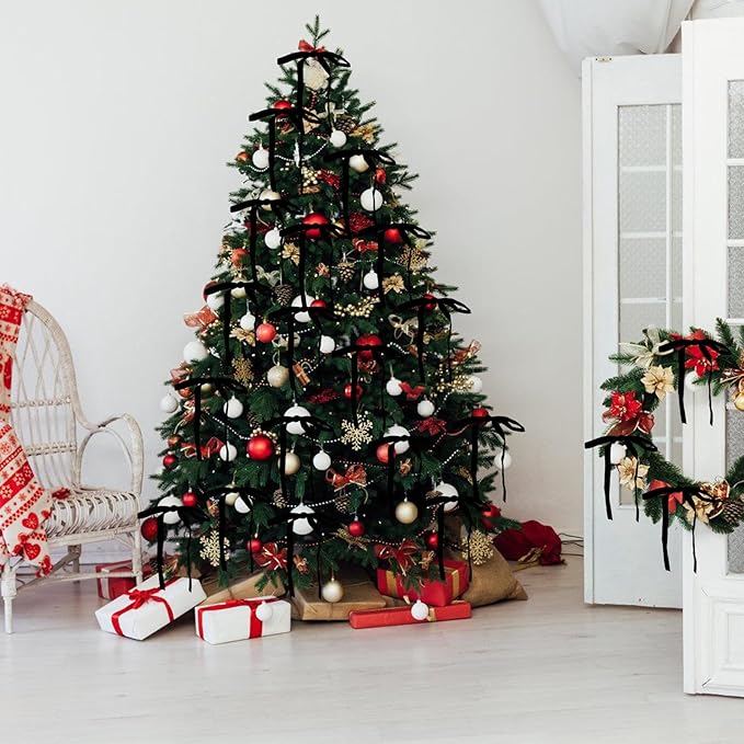 24Pcs Velvet Ribbon 5 x 7 Inch Christmas Ribbon 3/8 Inch Wide Christmas Bows Vintage Velvet Bows for Christmas Tree Black Bows for Christmas Tree Decorations