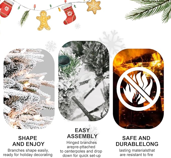 Prelit Flocked Artificial Full Christmas Tree 6.5FT with 2356 PE PVC Tips, Premium Snow Pre-Lit Holiday Xmas Tree with 450 UL Incandescent Lights, Foldable Base for Home Office Party