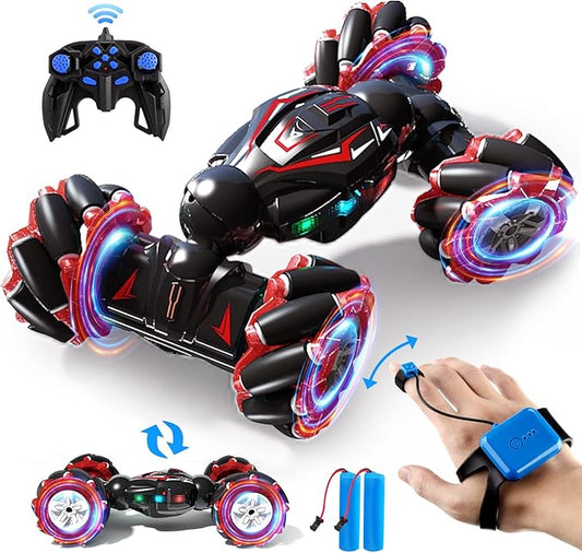 1:12 Red RC Stunt Car, 2.4GHz 4WD Remote Control Gesture Sensor Toy Cars, Double Sided Rotating Off Road Vehicle 360° Flips with Lights Music, Toy Cars for Boys & Girls Birthday