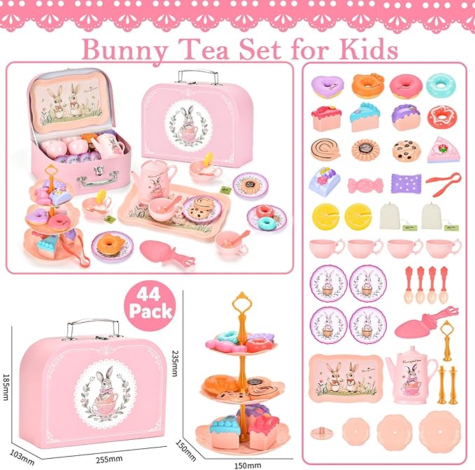 Kids Tea Party Set for Little Girls & Toddlers – Bunny Kitchen Toy & Pretend Play Set with Teapot, Cups, Plates, Desserts & Case | Princess Birthday Gift, Easter Basket Stuffer for Ages 3-5