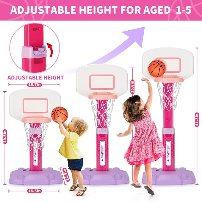 Toddler Basketball Hoop Indoor for Age 1-3, Adjustable Kids Basketball Hoop, Pink Mini Basketball Hoop with 3 Balls for Outdoor Poolside, Birthday Christmas Sport Toys Gift for Baby Boys Girls 1 2 3 4