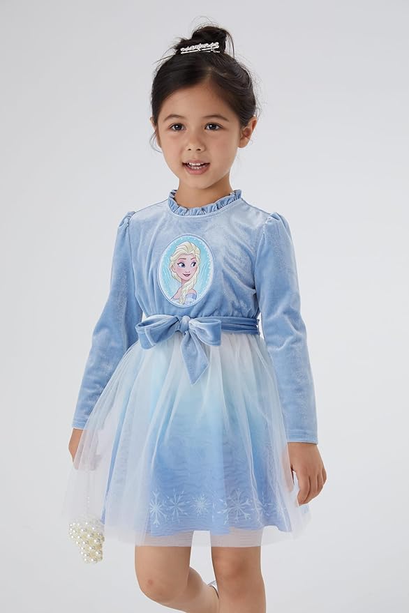 Disney Frozen Elsa Princess Cinderella Ariel Jasmine Rapunzel Baby/Toddler Dress, Ruffle Long-Sleeve Mesh Overlay Tulle Dress