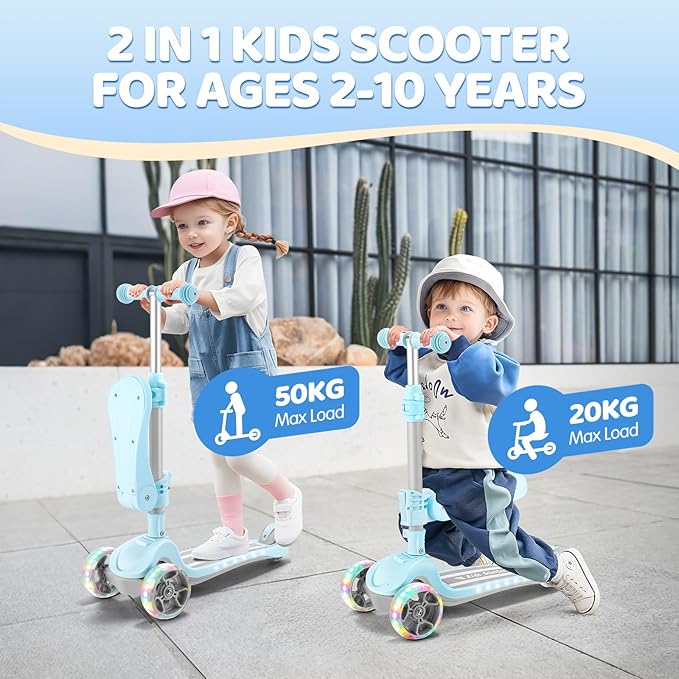 3 Wheel Scooter for Kids Ages 2-10 Years, 2 in 1 Kick Kids Scooter with Swivel Seat, Flashing Wheels and Light up Deck, 4 Adjustable Heights, Lean to Steer, Suitable for Boys & Girls Aged 2+