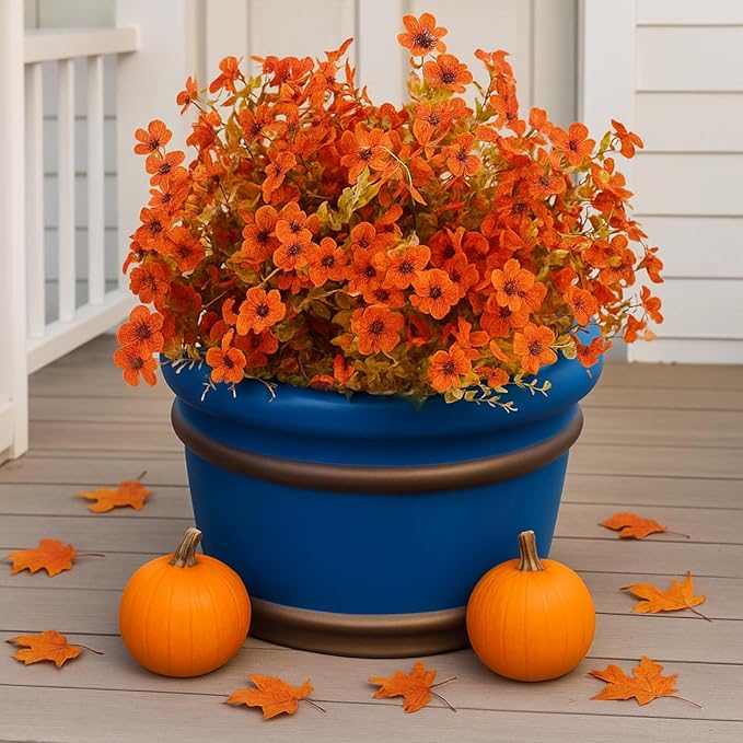 Zeyune 48 Bundles Fall Artificial Flowers Outdoor Decor, Orange UV Resistant Fake Autumn Mums for Thanksgiving, Halloween Pumpkin Porch, Window Box, Patio and Garden Decoration