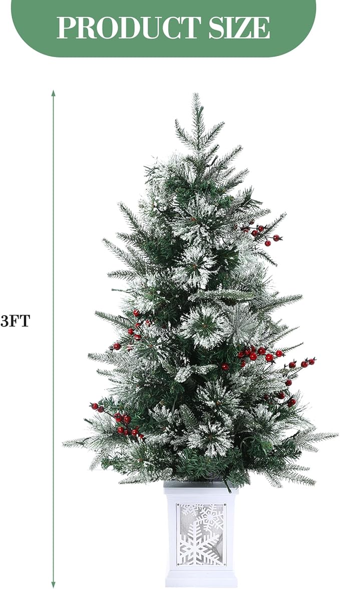 3FT Prelit Artificial Christmas Tree with Lights, 3 Foot Artificial Christmas Tree with Snowflake Base, 78 LED Prelit Christmas Tree, Battery Operated, Timer, Easy Assembly, Winter Holiday Decor