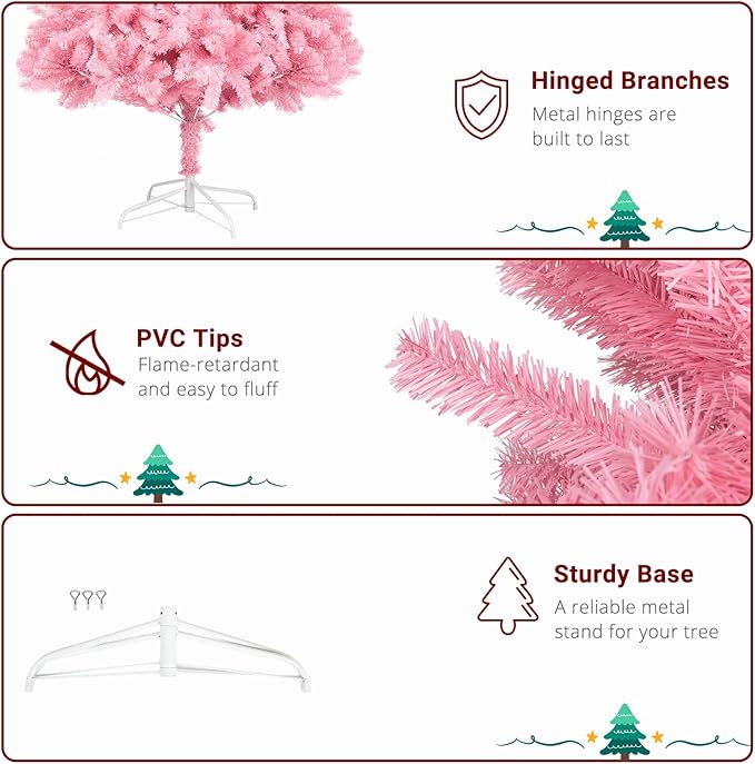 Bonnlo 7ft Unlit Pink Christmas Tree, Artificial Christmas Tree w/1400 Branch Tips, Sturdy Metal Stand, Indoor & Outdoor Xmas Tree for Holiday Decor