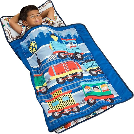 EVERYDAY KIDS Toddler Nap Mat with Removable Pillow -Choo Choo Train- Carry Handle with Fastening Straps Closure, Rollup Design, Soft Microfiber for Preschool, Daycare, Sleeping Bag - Ages 2-6 Years