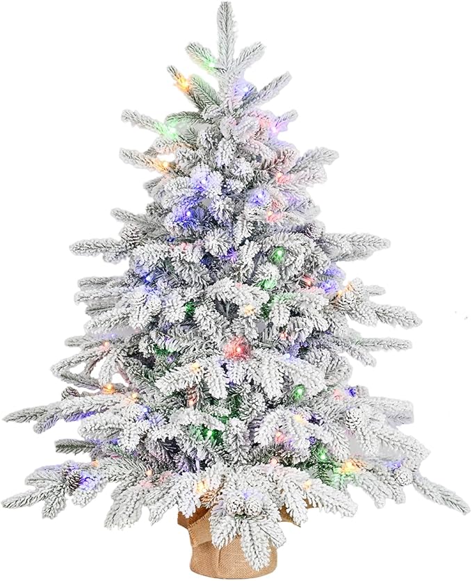 Prelit Flocked Christmas Tree, Artificial Small Christmas Tree with Led Lights, Frosted LED Xmas Tree with Snow (3FT-Lights)