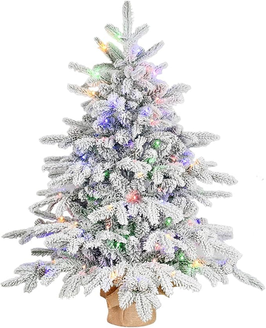 Prelit Flocked Christmas Tree, Artificial Small Christmas Tree with Led Lights, Frosted LED Xmas Tree with Snow (3FT-Lights)