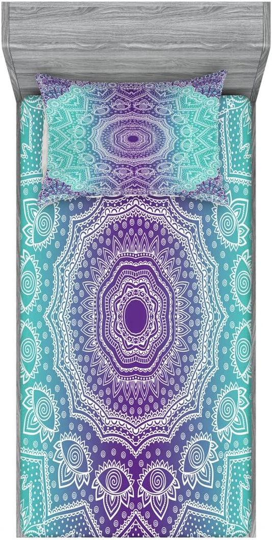 Ambesonne Mandala 2 Pack Fitted Sheet & Pillow Sham Set, Ornate Hippie, 4 Pcs Bedding Decor, Package Contains 2 Twin Size Fitted Sheets & 2 Pillow Covers, Aqua