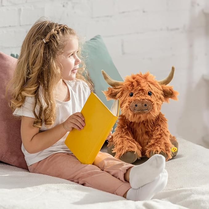 Music Highland Cow Stuffed Animal with Sound, Farm Cow Toy with ''Moo''Sound, Soft Farm Animal Cattle Plushie Doll Festival Presents for Adults Kids Boys Girls (Brown)