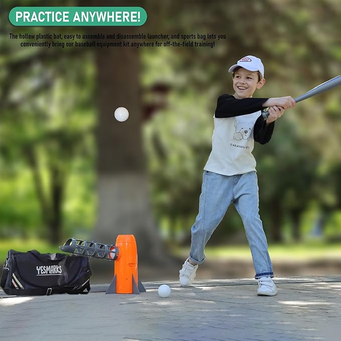 Kids Auto Baseball Pitching Machine Outdoor Toy Set - Training Equipment & Batting Practice Toys for Youth, Includes 10 Baseballs, Baseball Bat and Sports Bag