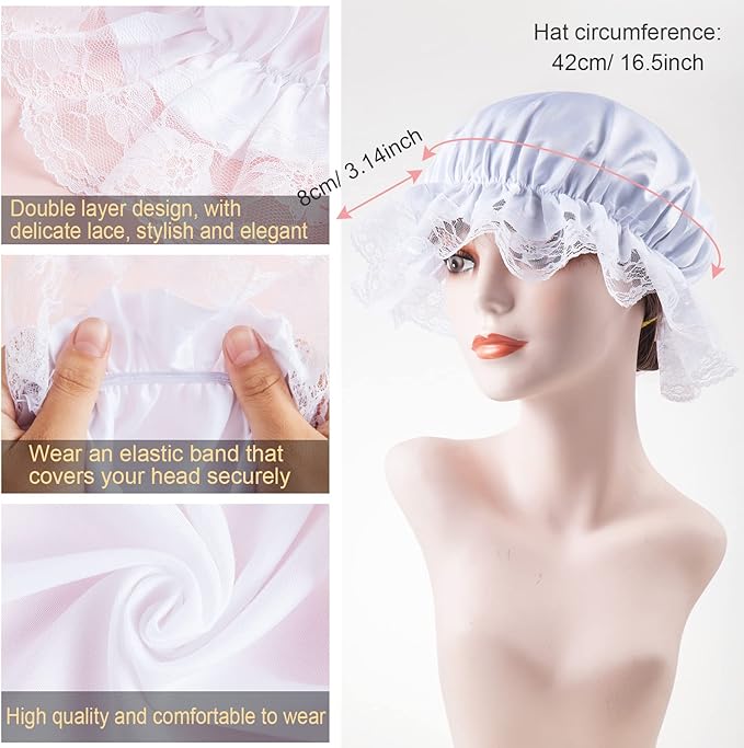 White Mob Cap Costume Pioneer Bonnet Women's Colonial Bonnet Lace Frilly Grandma Night Hat Accessories