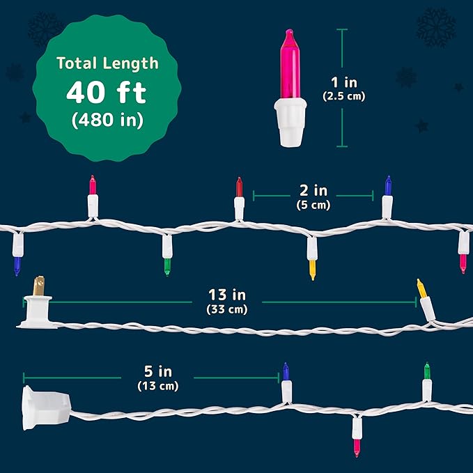 PREXTEX 200 Ct. Multi-Color Christmas Tree Lights with White Wire - 40 Ft Holiday String Lights for Indoor and Outdoor Use - Multicolor Twinkle Christmas Tree Decoration with End-to-End Connectors