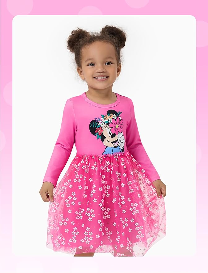 Disney Frozen Elsa Princess Cinderella Ariel Jasmine Rapunzel Baby/Toddler Dress, Ruffle Long-Sleeve Mesh Overlay Tulle Dress