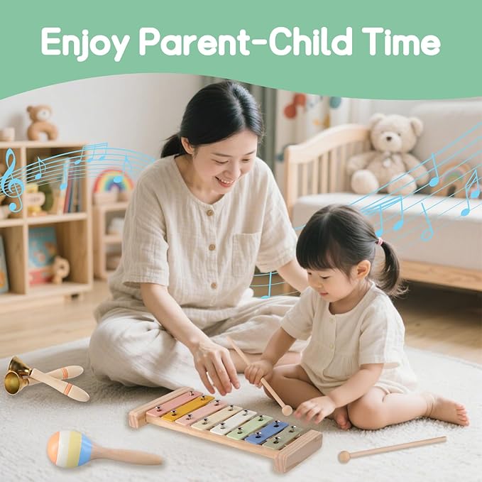 Montessori Wooden Musical Instruments for Toddlers 1-3, Baby Music Toy Set with Xylophone, Tambourine, Triangle, Clarinet, Maracas, Natural Sensory Educational Toys for Boys and Girls