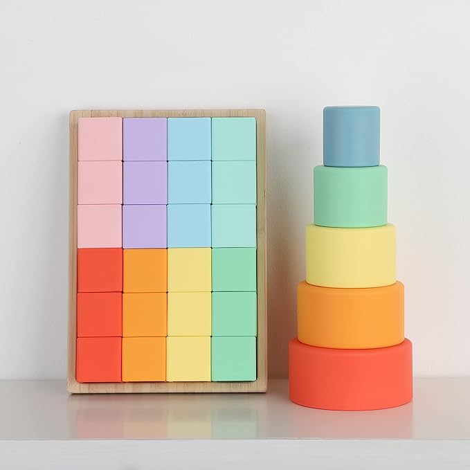 BLUE GINKGO Silicone Rainbow Blocks – [24 PC] Giftable Soft Blocks for Kids, BPA-Free Montessori Stacking Toy with Sorting Tray (Pastel)