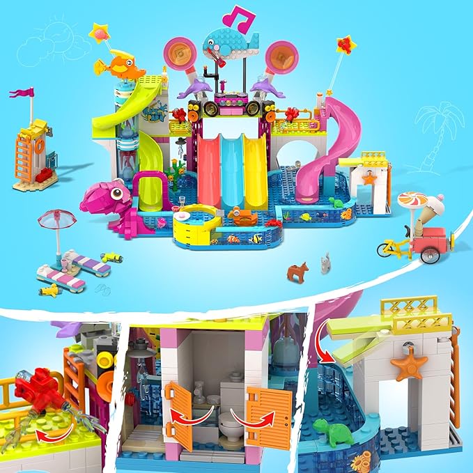 HOGOKIDS Friends Water Park Building Set, 911PCS Summer Fun Party Toy with 5 Water Slides, Creative Swimming Pool Block with Diving Platform & Bike Cart, Pretend Play Gift for Girls Boys Kid Age 8-12+