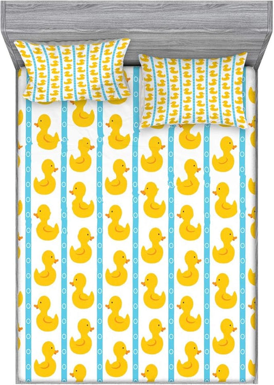 Ambesonne Rubber Duck Fitted Sheet & Pillow Sham Set, Duckies on Stripes and Small Circles Play Toys Pattern Print, Decorative Printed 2 Piece Bedding Decor Set, Queen, Blue Yellow