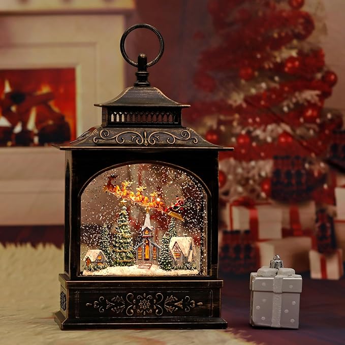 6H Timer Lighted Snow Globe with Music, Swirling Glitter Christmas Lantern, Thanksgiving Decor, Table Party Decorations (Reindeer, Santa Claus and Church)