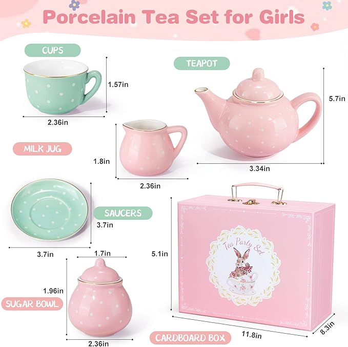 Porcelain Tea Set for Toddlers, Tea Party Set for Little Girls, Kids Tea Set Kitchen Pretend Play, Princess Tea Time Playset with Teapot Cups Carry Case, Toddler Girl Toys Birthday Gifts Age 3+