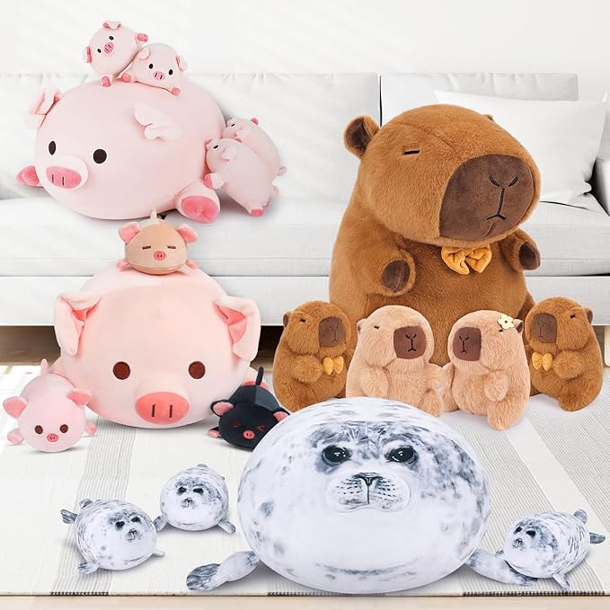 Achwishap 4pcs Seal Plush Pillow,Seal Stuffed Animal Mommy with 3 Seal Baby Plush Toy,Cute Plushie Seal Hugging Pillow Cuddle Plushie for Kids Girls Boys Gifts(Seal Family,19.6”,Gray)