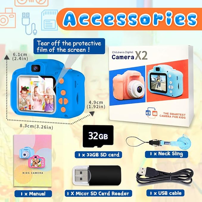 Upgrade Kids Selfie Camera, Christmas Birthday Gifts for Boys Age 3-9, HD Digital Video Cameras for Toddler, Portable Toy for 3 4 5 6 7 8 Year Old Boy with 32GB SD Card-Navy Blue