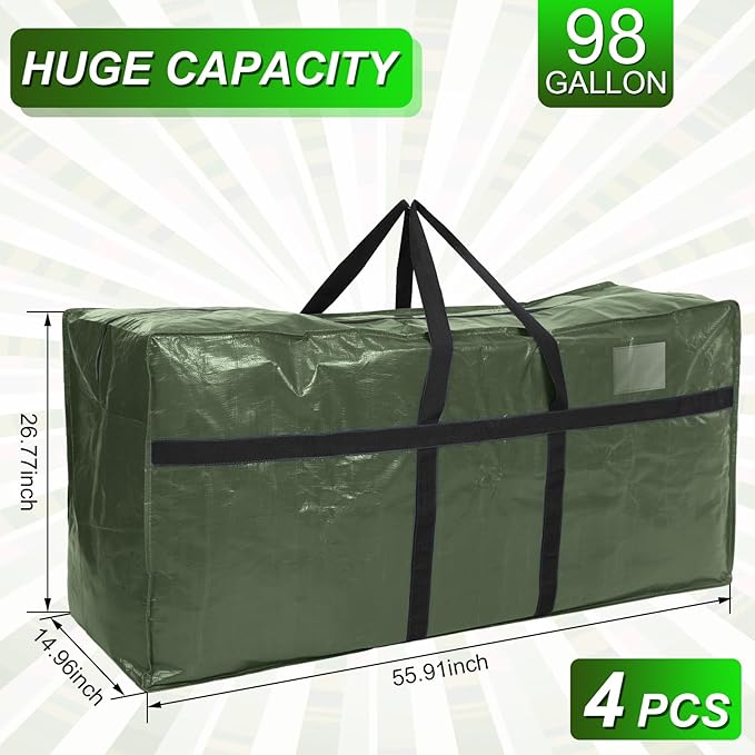 Windyun 4 Pack 98 Gallon Extra Large Storage Bag XXL Moving Bag with Zipper Handle Heavy Duty Jumbo Big Tote Box for Halloween Skeleton 4-12 Feet Christmas Tree Storage College Dorm Cloth (Army Green)