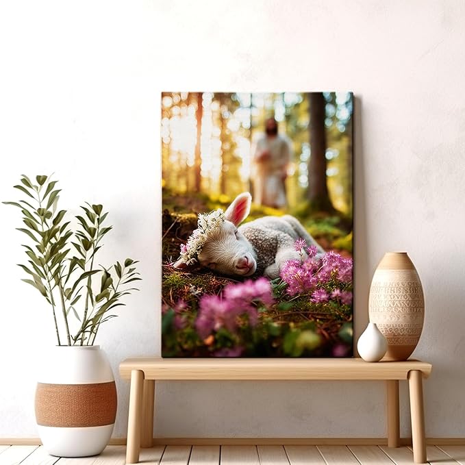 AbcCustomize Jesus Running After Lost Lamb Christian Wall Decor, Religious Wall Decor for Home, Jesus Wall Art Canvas Prints Ready to Hang, Inspirational Christian Art for Prayer Room, Baptism Gift