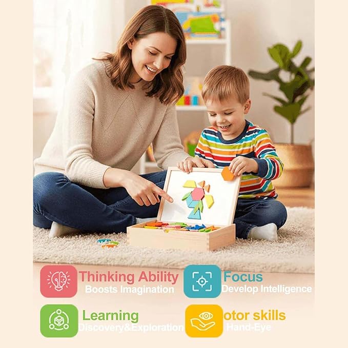 Pattern Blocks, Creative Learning Design, 22.5x22.5x3.7cm, Wooden Magnetic Educational Toys, STEM Tangram Shape Block Set, Exciting to Play, for Kids Boys Girls Home Travel Classroom