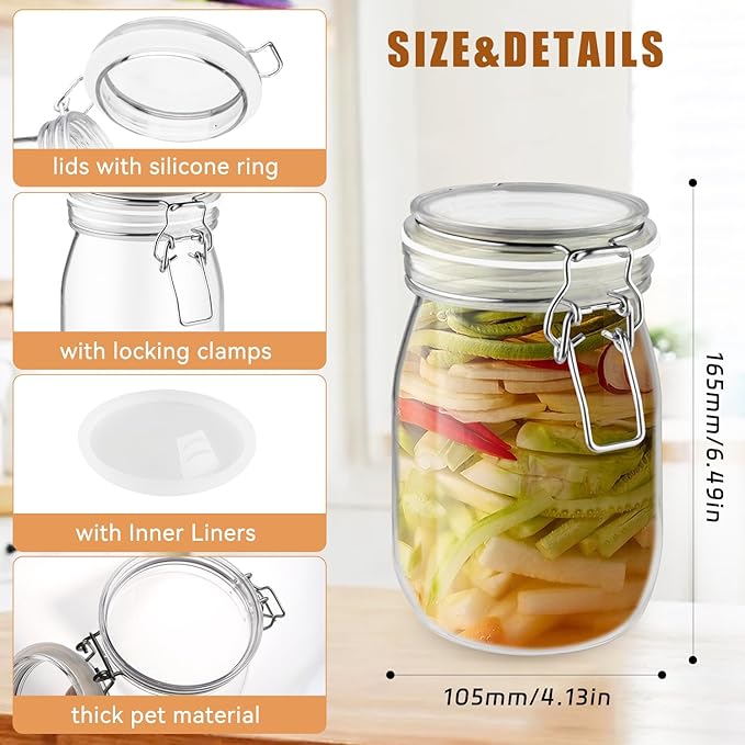 2 Pcs PET Plastic Storage Jar with Clamp Lid Empty Food Storage Container Bottle Large Refillable Canister For Nuts Sugar Coffee Candy Cookie Tea Spices And More (clear, 1000ml/33oz)