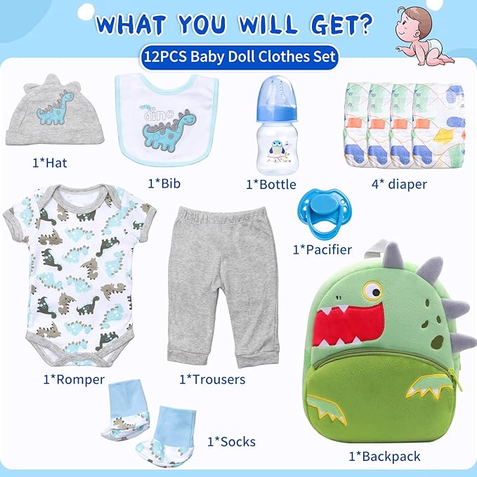 12 Pcs Reborn Baby Dolls Clothes with Backpack for 17-22 Inch Reborn Newborn Doll Clothes Outfits Accessories Baby Boy Doll Clothing Gift Sets