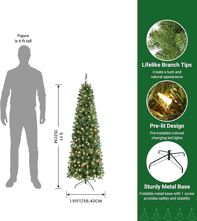 SHareconn 5 ft Prelit Artificial Hinged Slim Pencil Christmas Tree with Warm White Lights, Full Branch Tips, Good Choice Decoration for Xmas Holiday, 5 FT, Green
