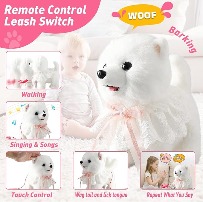 Samoyed Walking Barking Dog for Kids Interactive Musical Puppy Robot Repeats What You Say, Realistic Licking Tongue Wagging Tail Remote Control Toddler Toys for Girls and Boys Birthday Gifts