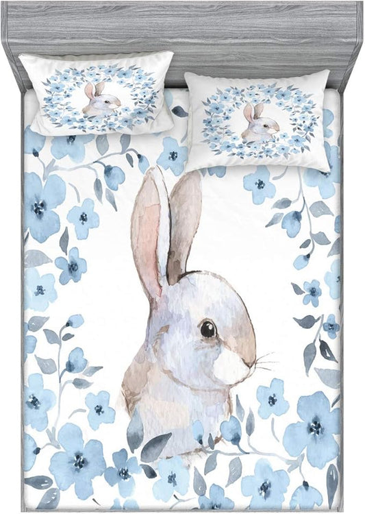 Ambesonne Watercolor Flower Fitted Sheet & Pillow Sham Set, Bunny Rabbit Portrait in Floral Wreath Illustration Country Style, Decorative Printed 3 Piece Bedding Decor Set, King, Blue White