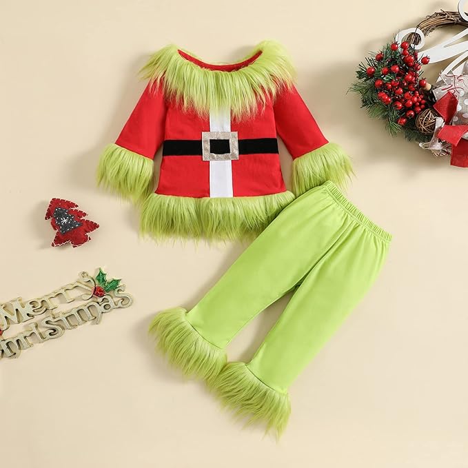 Toddler Kids Boy Girl Halloween Green Monster Costume Plush Cosplay Party Santa Claus Outfit Fuzzy Christmas Clothes