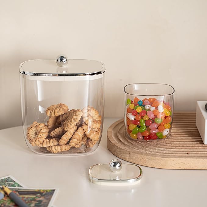 50oz Plastic Candy Jar with Lid for Office Desk, Cookie Storage Jar for Kitchen Counter, Apothecary Jar for Cotton Swabs, Balls, Cotton Pads, Floss Picks, Cream Lid, 1500ml