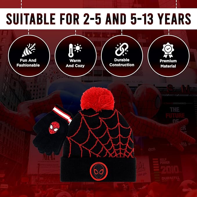 Marvel Spider-Man Kid’s Winter Hat and Snow Gloves for Boys and Toddlers, 2 Pc. Set, Pom-Pom Beanie with Warm Mittens
