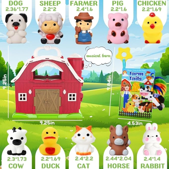 Kimicare Big Musical Red Barn Toy Farm Animal Finger Puppets for 1 2 3 4 5 Years Old, Animal Figures Playset with Farm Tails Baby Book, Sensory Learning Toys Gift for Toddlers Boys Girls