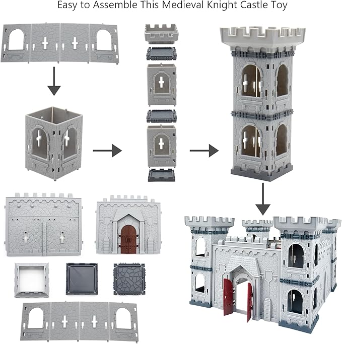 Medieval Castle Knight Toy Soldier Army Figurines, DIY Assembled Cavalry, Arrow Tower,8 Knights and 8 Horse, 36 Soldiers, Simulated Siege War of Attack Castle Toy for Boys