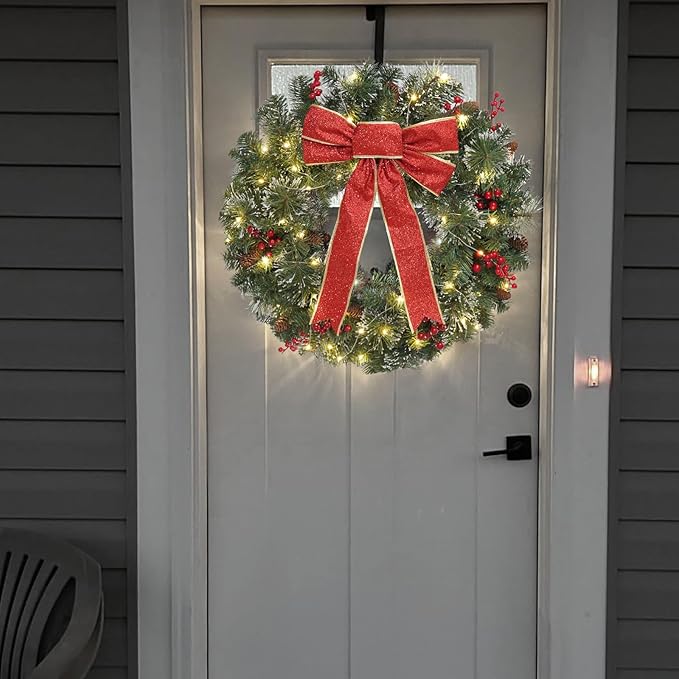 Christmas Wreath Front Door Wreath - 24 Inch Pre-Lit Outdoor Wreaths for Front Door Battery Operated 55 White Lights Bulbs Christmas Decoration Wall Wreath Outside DiliComing