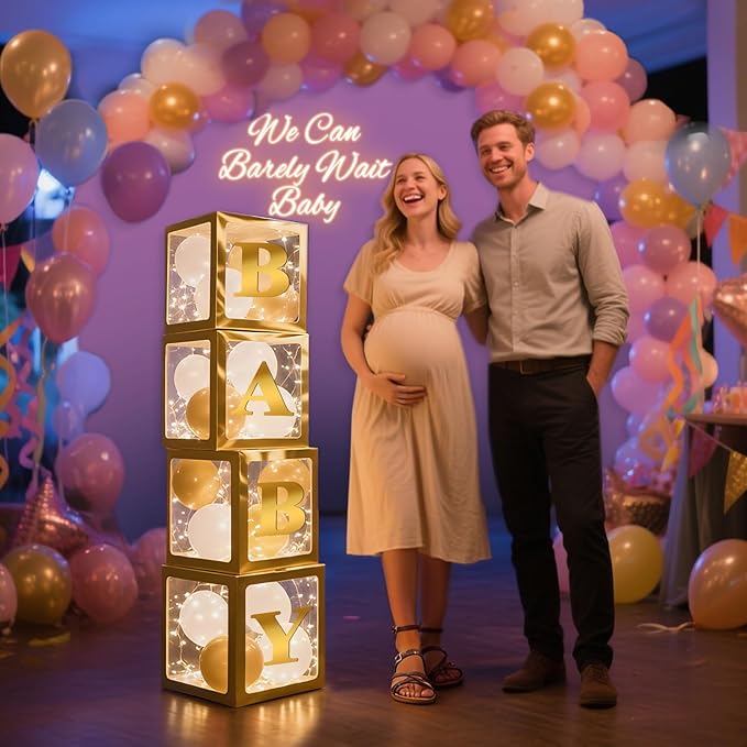Ledido Baby Boxes with Letters for Baby Shower Decoration, 4 pcs Clear Baby Balloon Boxes Blocks with LED Fairy String Lights 38 Balloons for Boy Girl Gender Reveal Birthday Party (Gold)
