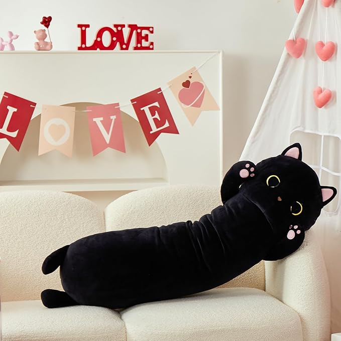 MaoGoLan Long Cat Body Pillow for Kids, 44'' Big Kitten Plush for Adults, Big Black Cat Stuffed Animal for Girl, Large Kitten Plush Throw Pillow Doll
