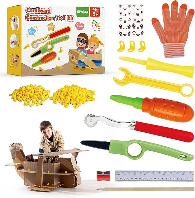 361 Piece Cardboard Construction Tools Kit for Kids: STEAM Building Toy Set with Cardboard Cutter Gloves Screws Nuts, Educational Craft Kit Gift for Boys Girls Age 5+, Great for Home Play + Classroom