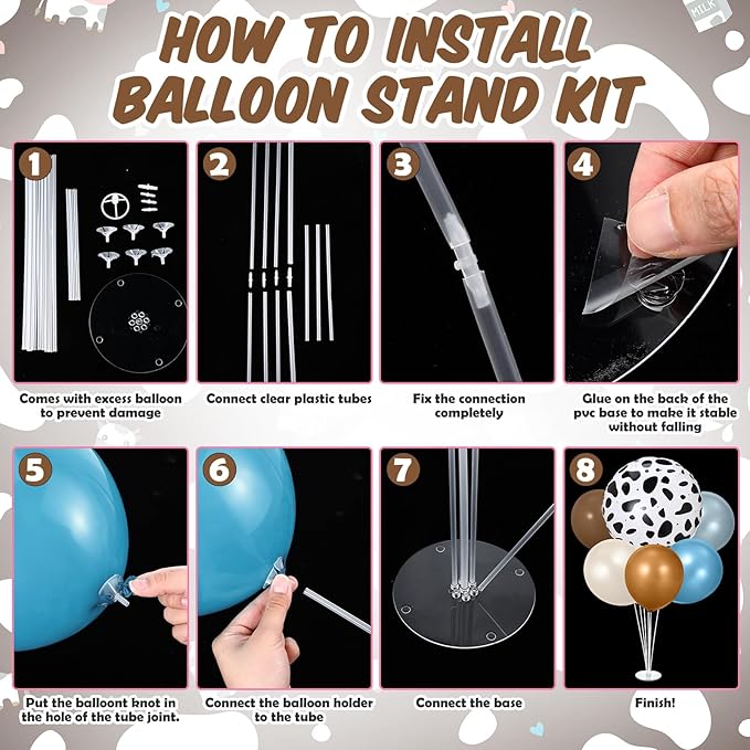 2 Sets Cowboy Party Decorations Table Centerpiece Blue Brown Neutral Balloon Stand Kit with Large Cow Print Foil Latex Balloon for Western Cowboy Farm Animal Baby Shower Birthday Supplies