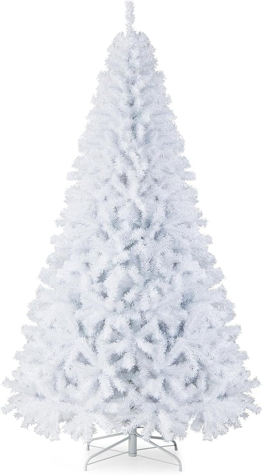 GOFLAME 7.5FT White Christmas Tree, Artificial Hinged Christmas Tree with 1346 PVC Branch Tips and Folding Metal Stand, Indoor Outdoor Xmas Decoration Tree for Home Office Party, Easy Setup