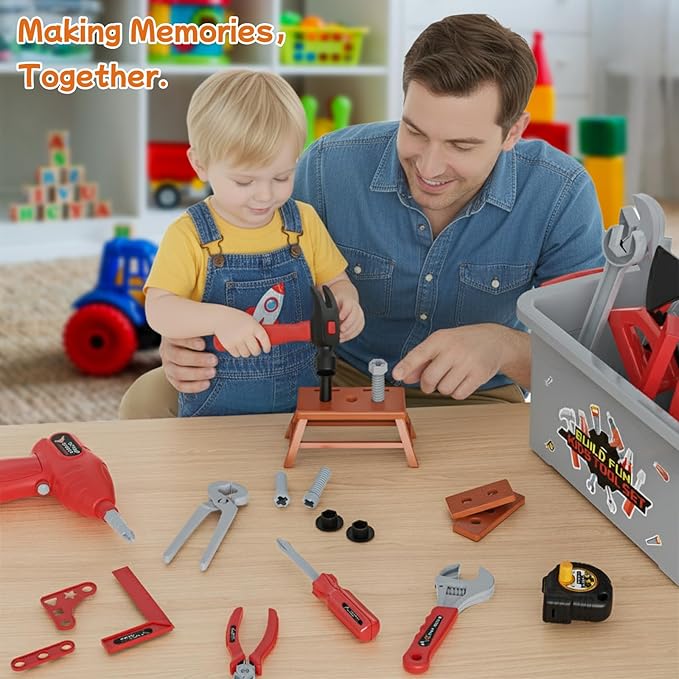 58-Piece Kids Tool Set with Realistic Power Toy Drill & Tool Box & DIY Stickers, Kids Construction Kits, STEM Pretend Play Boy Toys, for Toddlers Boy Ages 3-8