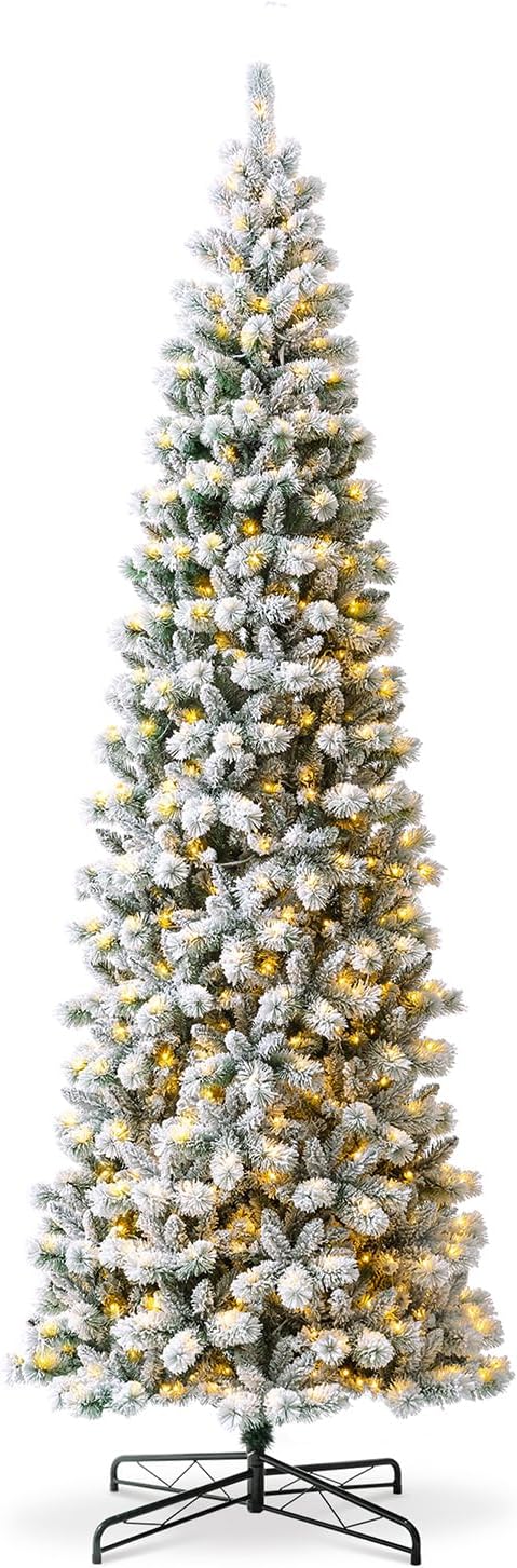 Glitzhome 11ft Prelit Artificial Christmas Tree, Flocked Pencil Christmas Tree with 700 Warm White/Multi-Color Lights, Remote Controlled Slim Pine Christmas Tree with Lights for Indoor Holiday Decor