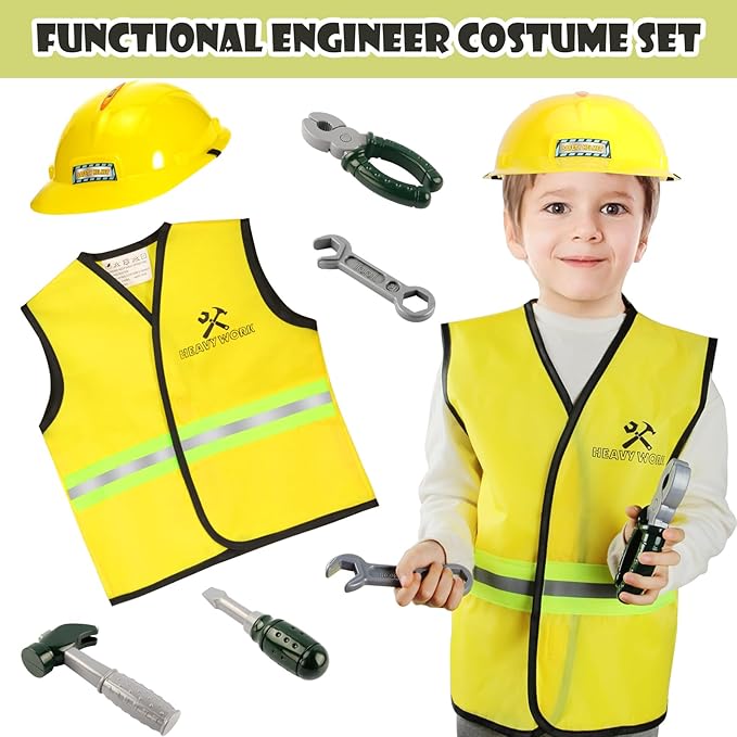 Boys Dress up Trunk Costumes Set,15pcs Pretend Role Play Set Fireman, Police, Construction Worker Costume with Accessories for Kids Ages 3-7