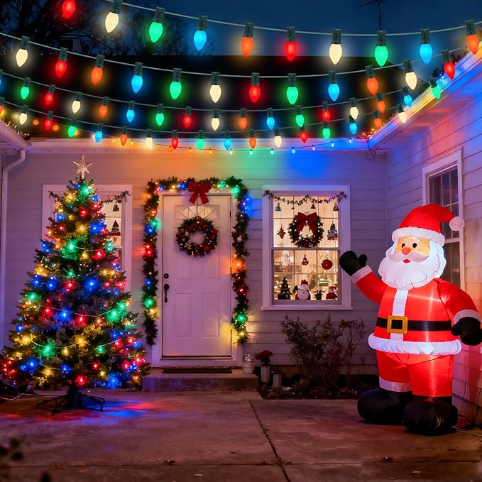 25FT C7 Ceramic Multicolor Christmas Lights Outdoor, Vintage Christmas Lights Green Wire with 25+2 Multicolored C7 Light Bulbs, Hanging String Light for Xmas Tree Home Yard Party Decor, 5W, E12 Base